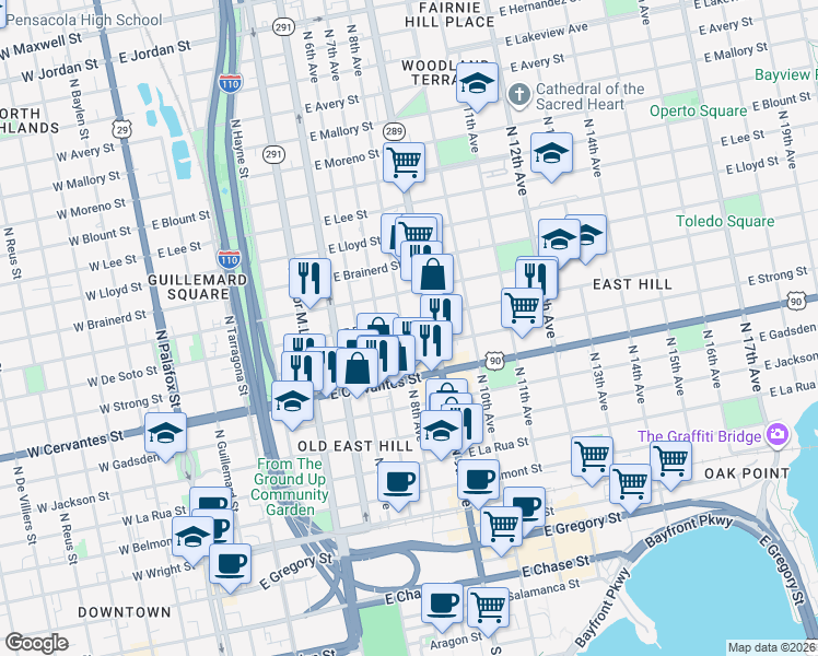 map of restaurants, bars, coffee shops, grocery stores, and more near 801 East De Soto Street in Pensacola