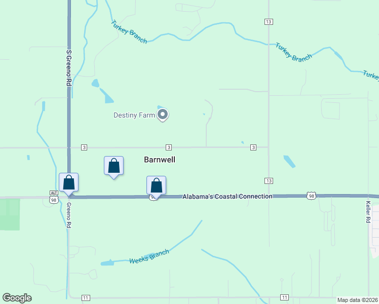 map of restaurants, bars, coffee shops, grocery stores, and more near 13427 County Road 3 in Fairhope