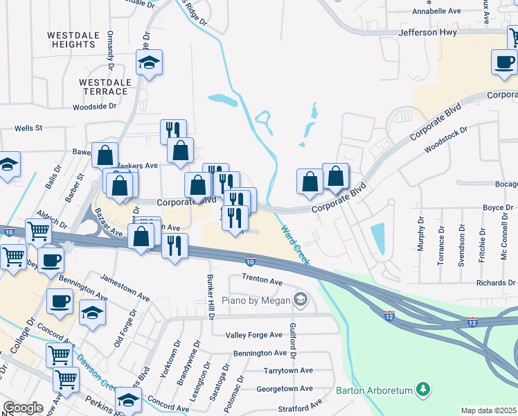 map of restaurants, bars, coffee shops, grocery stores, and more near 6250 Corporate Boulevard in Baton Rouge