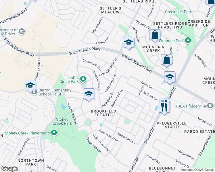 map of restaurants, bars, coffee shops, grocery stores, and more near 1512 Lady Grey Avenue in Pflugerville