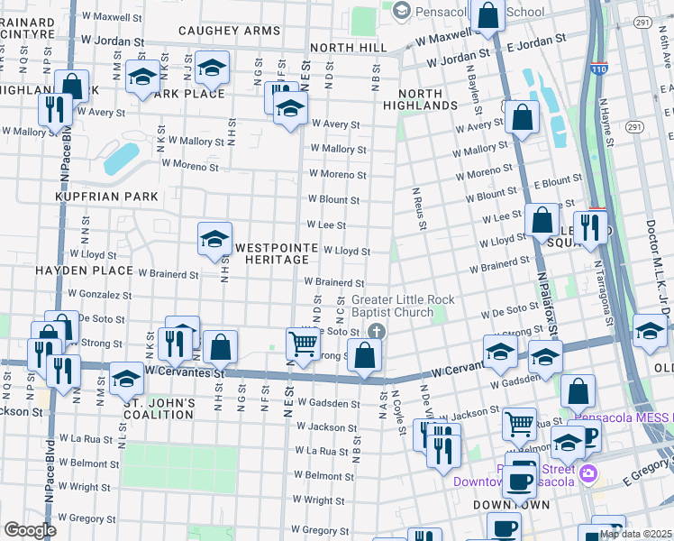 map of restaurants, bars, coffee shops, grocery stores, and more near 1209 North C Street in Pensacola