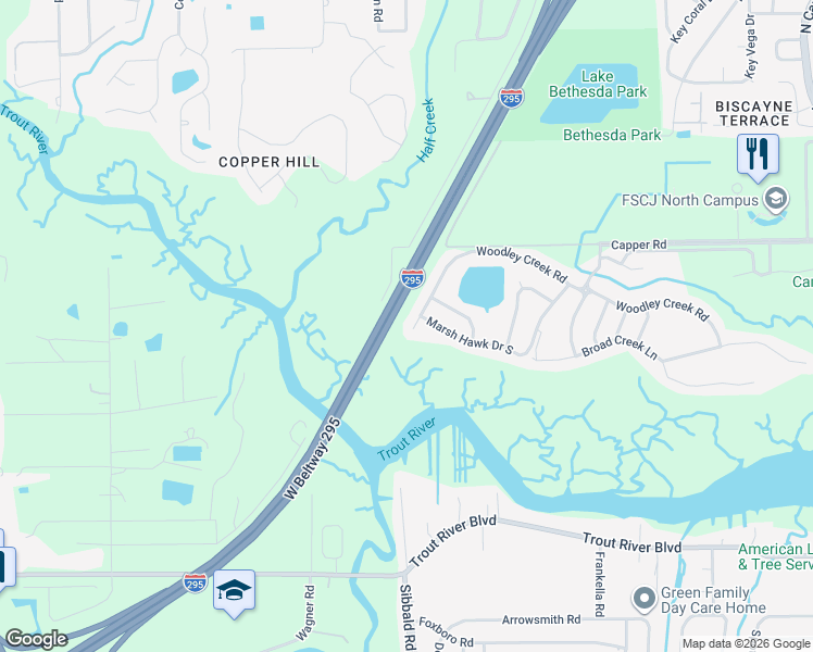 map of restaurants, bars, coffee shops, grocery stores, and more near 10228 Woodley Creek Road West in Jacksonville