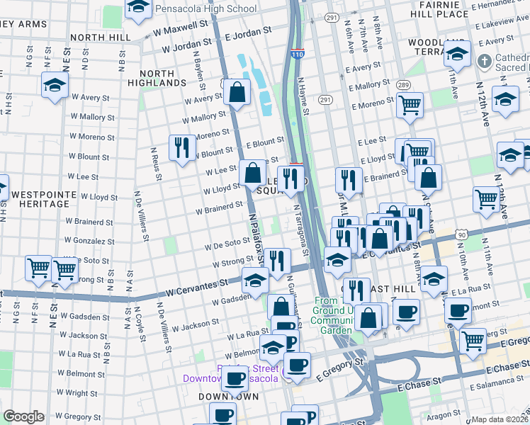 map of restaurants, bars, coffee shops, grocery stores, and more near 14 E Gonzalez St in Pensacola