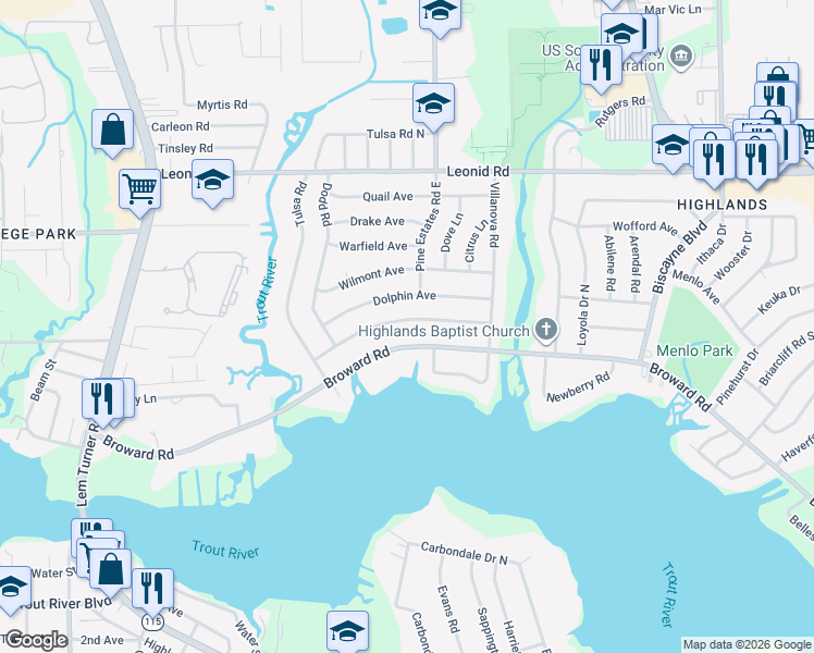 map of restaurants, bars, coffee shops, grocery stores, and more near 2414 Gayland Road in Jacksonville
