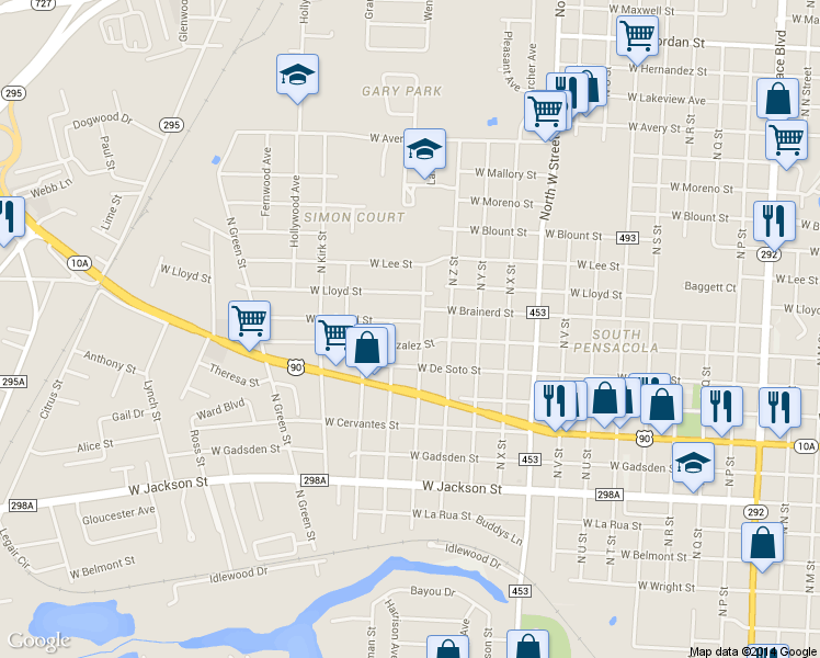 map of restaurants, bars, coffee shops, grocery stores, and more near 3303 West Brainerd Street in Pensacola