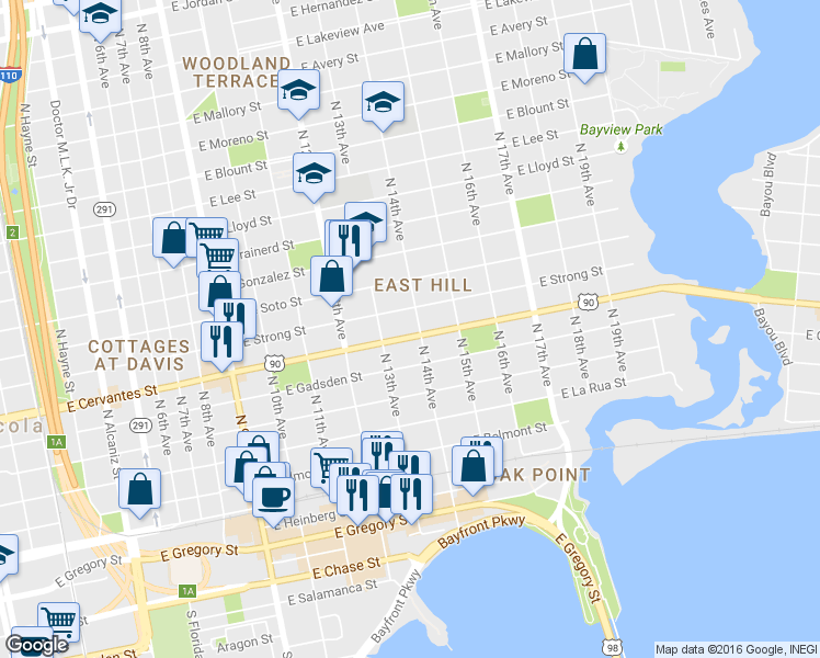 map of restaurants, bars, coffee shops, grocery stores, and more near 1300 East Cervantes Street in Pensacola