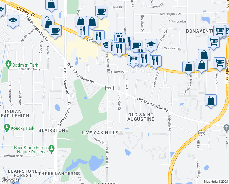 map of restaurants, bars, coffee shops, grocery stores, and more near 2311 Old Saint Augustine Road in Tallahassee