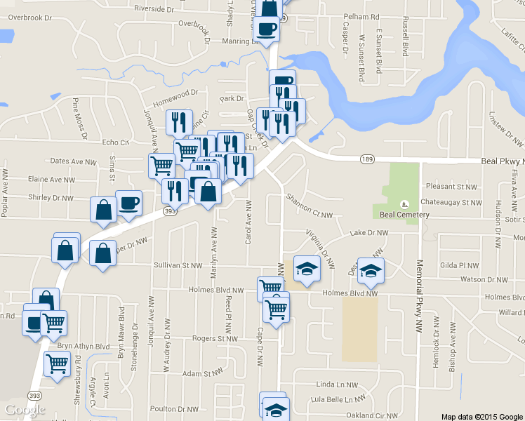 map of restaurants, bars, coffee shops, grocery stores, and more near 416 Sherry Circle Northwest in Fort Walton Beach