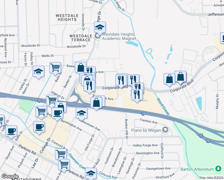 map of restaurants, bars, coffee shops, grocery stores, and more near 8 Corporate Boulevard in Baton Rouge