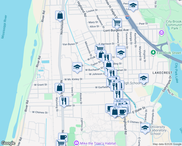map of restaurants, bars, coffee shops, grocery stores, and more near 430 West Johnson Street in Baton Rouge