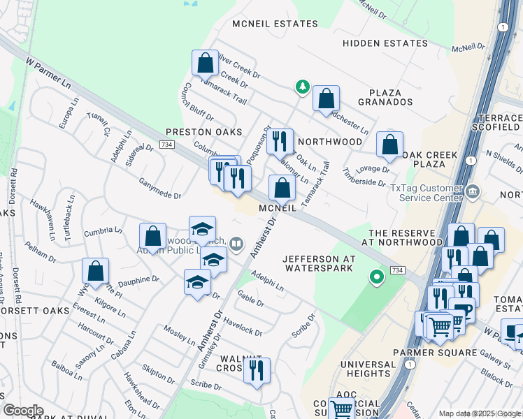 map of restaurants, bars, coffee shops, grocery stores, and more near 3921 West Parmer Lane in Austin