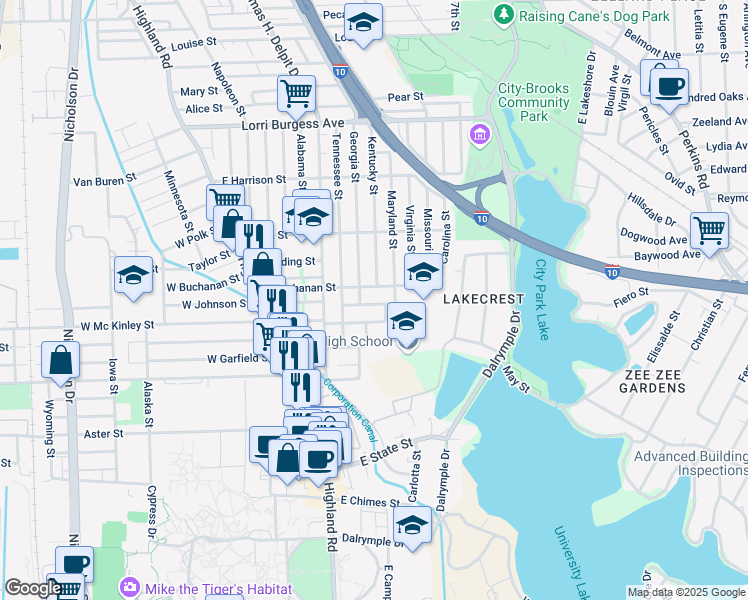 map of restaurants, bars, coffee shops, grocery stores, and more near 851 East Johnson Street in Baton Rouge