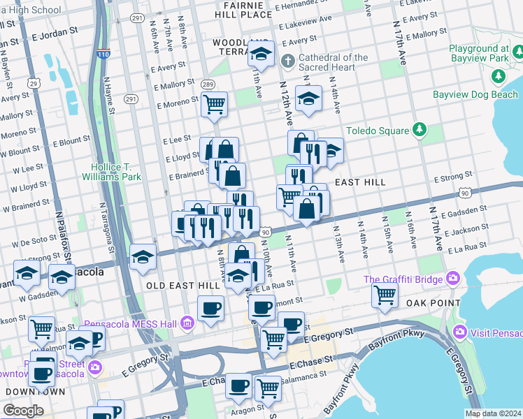 map of restaurants, bars, coffee shops, grocery stores, and more near 1002 East Strong Street in Pensacola