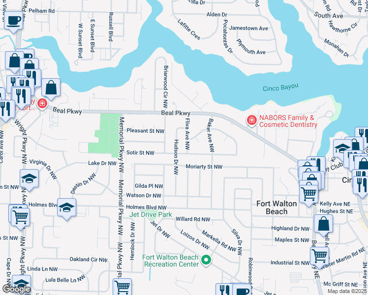 map of restaurants, bars, coffee shops, grocery stores, and more near 206 Fliva Avenue Northwest in Fort Walton Beach