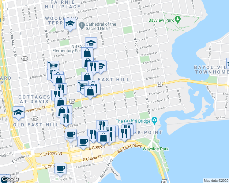 map of restaurants, bars, coffee shops, grocery stores, and more near 800 North 14th Avenue in Pensacola