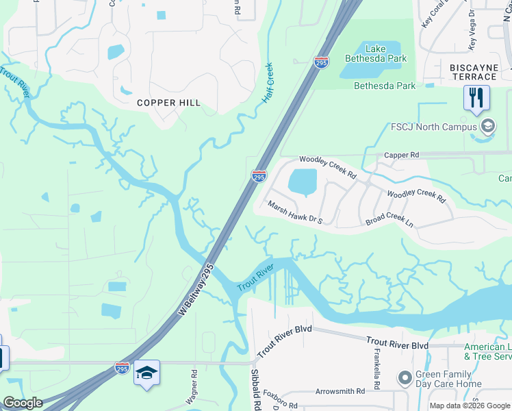 map of restaurants, bars, coffee shops, grocery stores, and more near 10228 Woodley Creek Road in Jacksonville