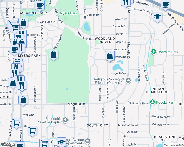 map of restaurants, bars, coffee shops, grocery stores, and more near 1801 Country Club Drive in Tallahassee
