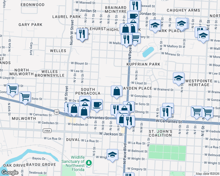map of restaurants, bars, coffee shops, grocery stores, and more near 2200 West Brainerd Street in Pensacola