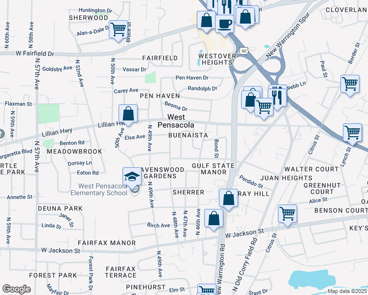 map of restaurants, bars, coffee shops, grocery stores, and more near 8 Bertram Street in Pensacola