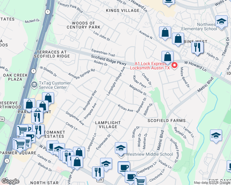 map of restaurants, bars, coffee shops, grocery stores, and more near 13102 Bourbon Street in Austin