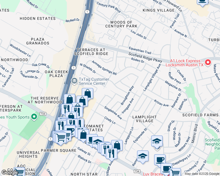 map of restaurants, bars, coffee shops, grocery stores, and more near 2308 Cedar Branch Drive in Austin