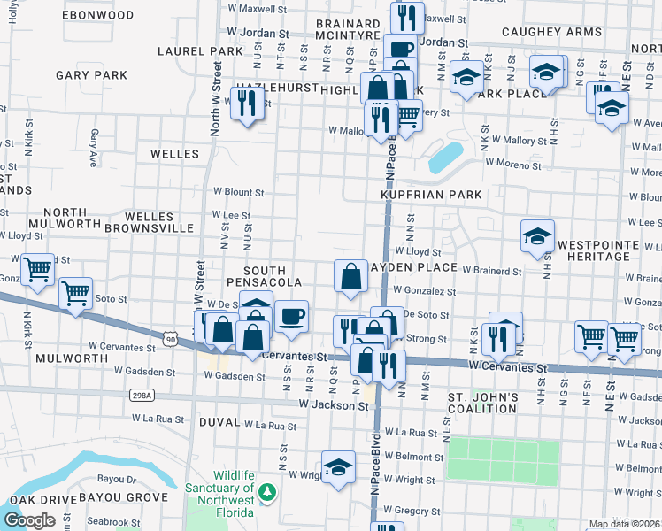 map of restaurants, bars, coffee shops, grocery stores, and more near 2200 West Brainerd Street in Pensacola