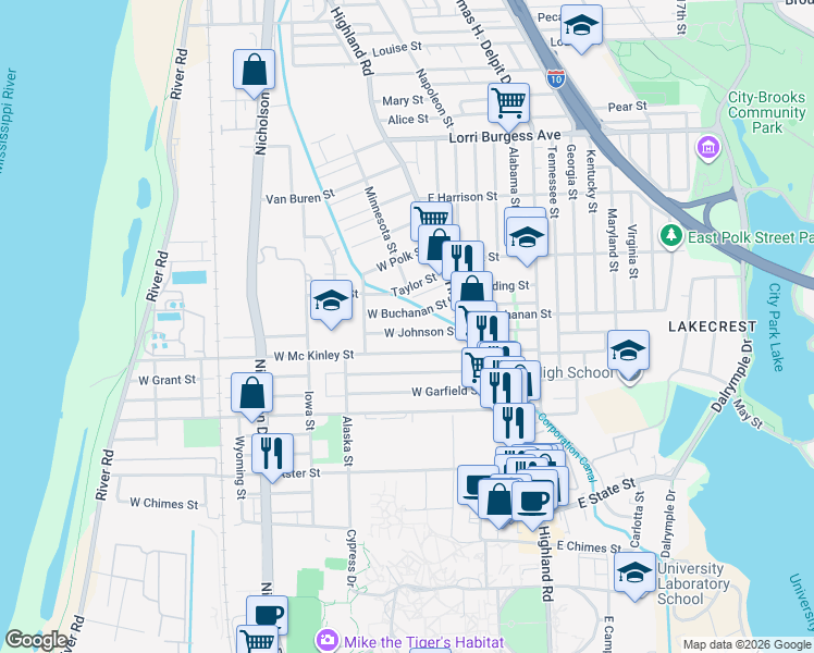 map of restaurants, bars, coffee shops, grocery stores, and more near 430 West Johnson Street in Baton Rouge
