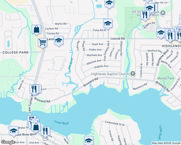 map of restaurants, bars, coffee shops, grocery stores, and more near 2460 Gayland Road in Jacksonville