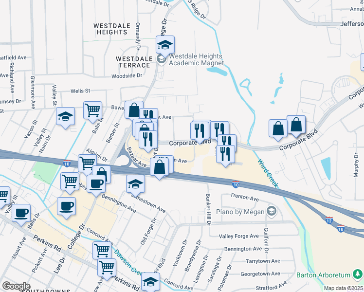 map of restaurants, bars, coffee shops, grocery stores, and more near 5522 Corporate Boulevard in Baton Rouge
