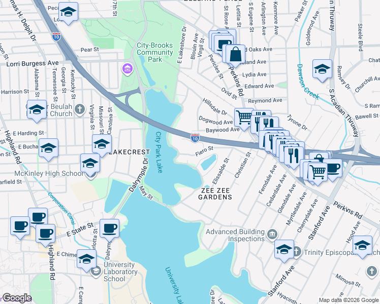 map of restaurants, bars, coffee shops, grocery stores, and more near 2223 Fiero Street in Baton Rouge
