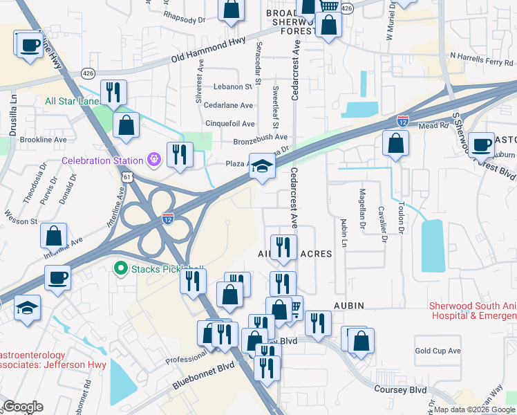 map of restaurants, bars, coffee shops, grocery stores, and more near 10187 Twin Cedars Street in Baton Rouge