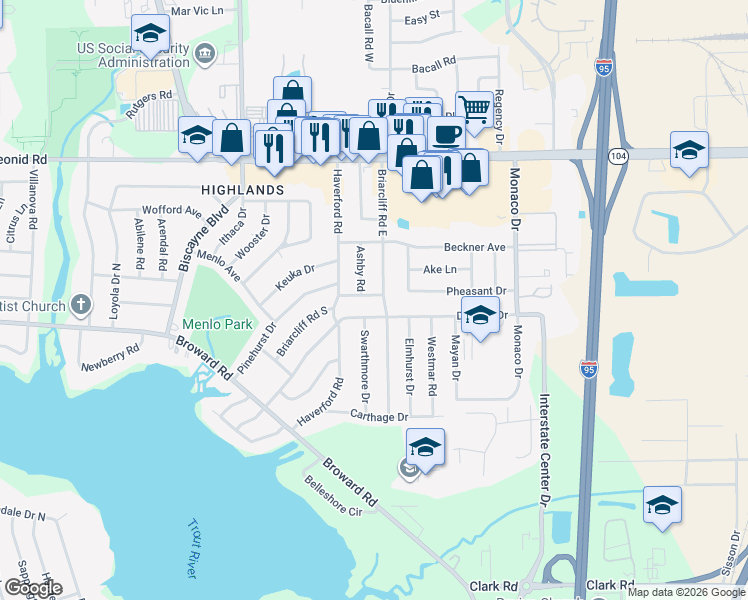 map of restaurants, bars, coffee shops, grocery stores, and more near 1214 South Briarcliff Road in Jacksonville