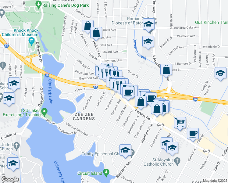 map of restaurants, bars, coffee shops, grocery stores, and more near 2293 Hollydale Avenue in Baton Rouge