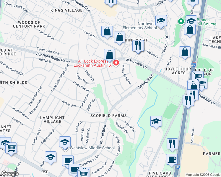 map of restaurants, bars, coffee shops, grocery stores, and more near 13405 Snow Fall Drive in Austin
