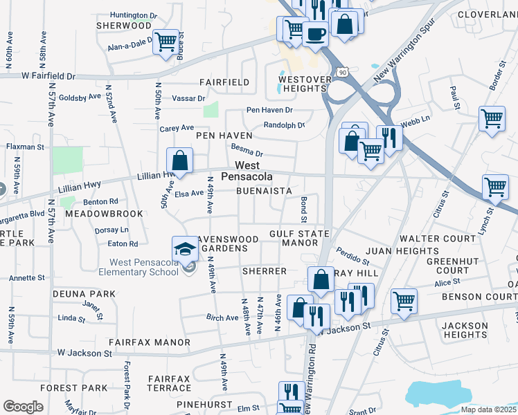map of restaurants, bars, coffee shops, grocery stores, and more near 8 Bertram Street in Pensacola