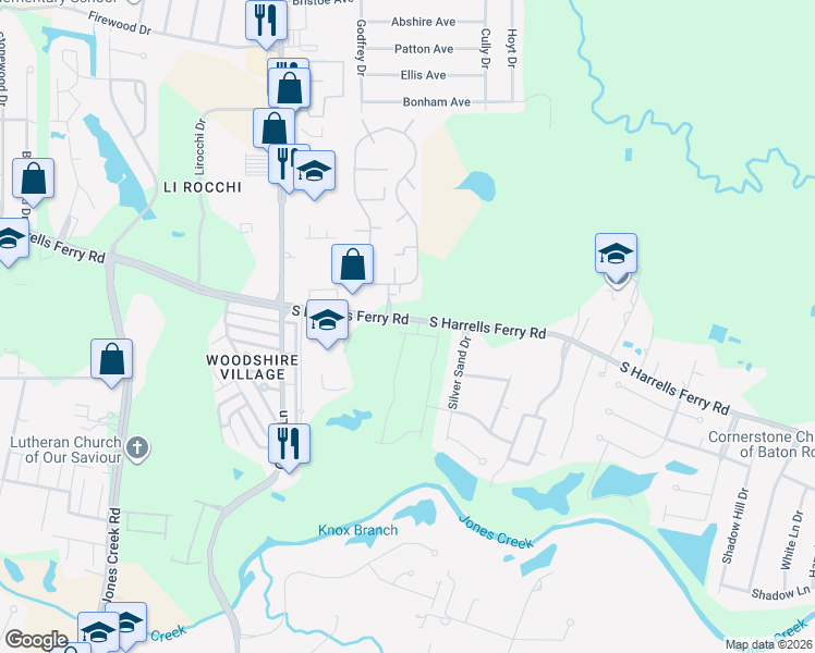 map of restaurants, bars, coffee shops, grocery stores, and more near 16644 South Harrells Ferry Road in Baton Rouge