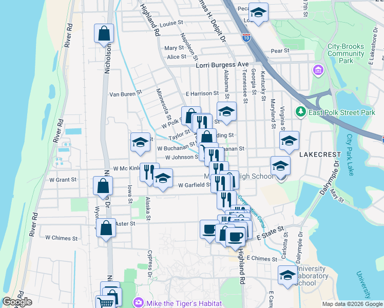 map of restaurants, bars, coffee shops, grocery stores, and more near 266 West Johnson Street in Baton Rouge