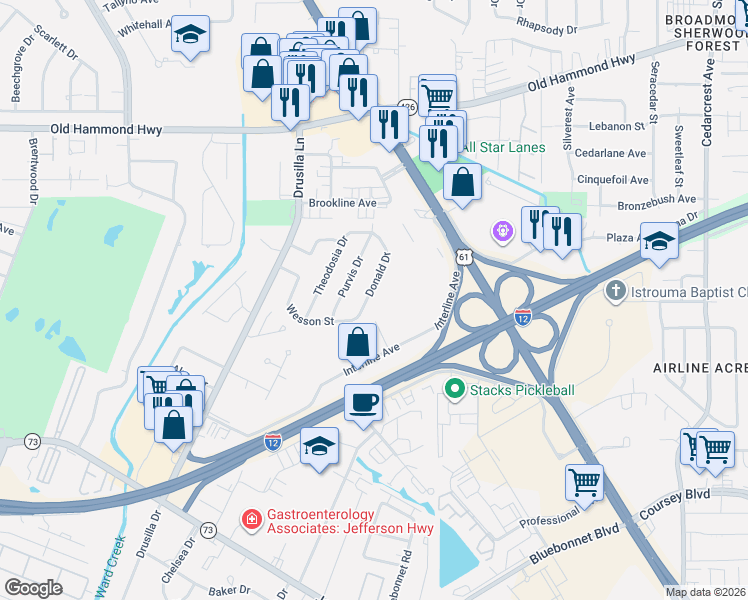 map of restaurants, bars, coffee shops, grocery stores, and more near 2830 Donald Drive in Baton Rouge