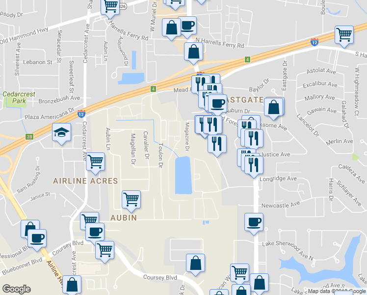 map of restaurants, bars, coffee shops, grocery stores, and more near 2952 Magazine Drive in Baton Rouge