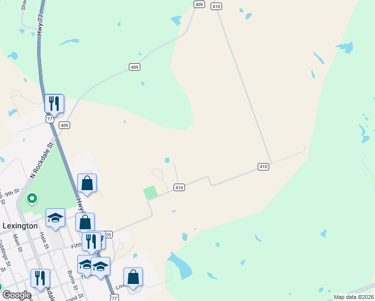map of restaurants, bars, coffee shops, grocery stores, and more near 1265 County Road 410 in Lexington