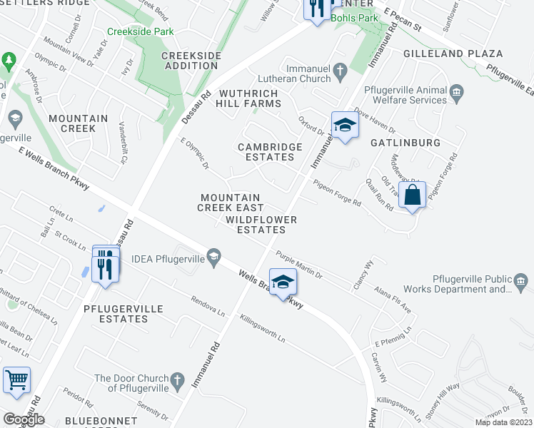 map of restaurants, bars, coffee shops, grocery stores, and more near 1006 Immanuel Road in Pflugerville