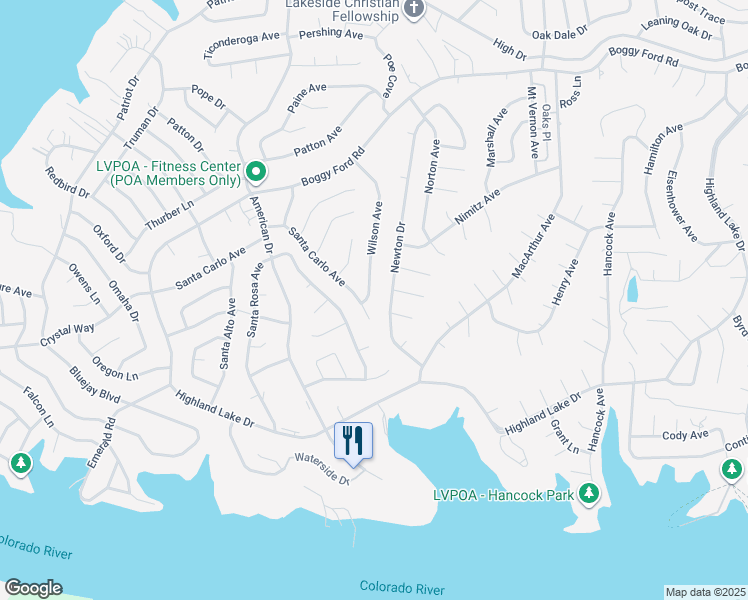 map of restaurants, bars, coffee shops, grocery stores, and more near 2403 Wilson Avenue in Lago Vista
