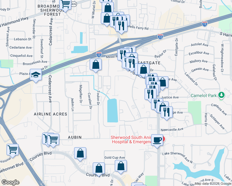 map of restaurants, bars, coffee shops, grocery stores, and more near 2953 Magazine Drive in Baton Rouge