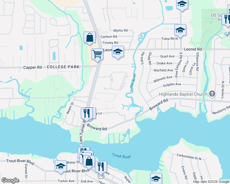 map of restaurants, bars, coffee shops, grocery stores, and more near 10453 Centerwood Court in Jacksonville