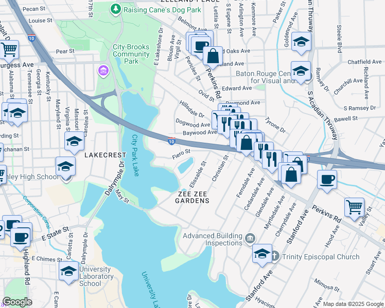 map of restaurants, bars, coffee shops, grocery stores, and more near 2597 East Lakeshore Drive in Baton Rouge