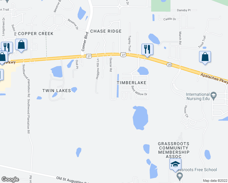 map of restaurants, bars, coffee shops, grocery stores, and more near 2402 Quazar Circle in Tallahassee