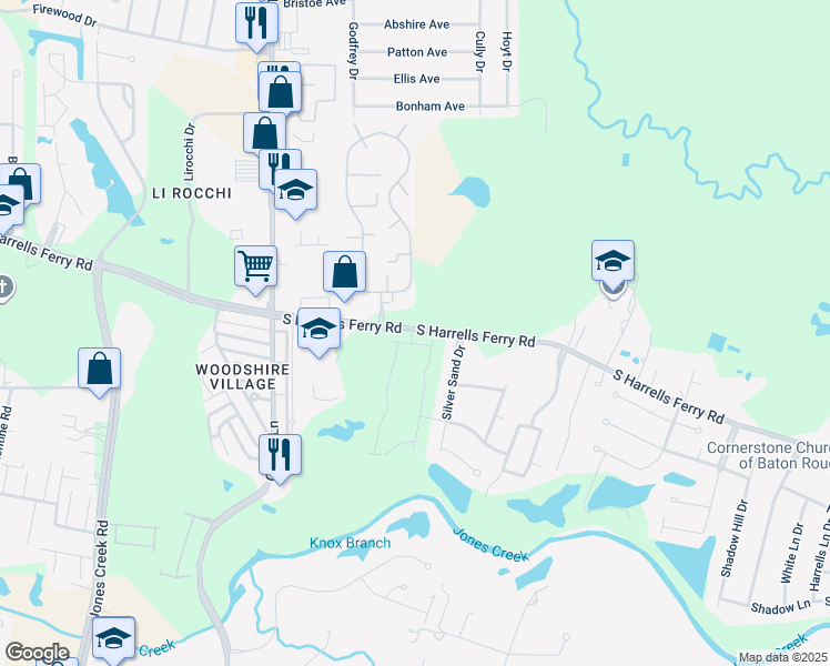 map of restaurants, bars, coffee shops, grocery stores, and more near 16644 South Harrells Ferry Road in Baton Rouge