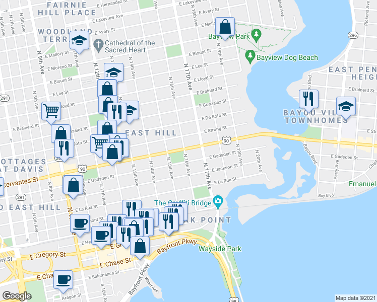 map of restaurants, bars, coffee shops, grocery stores, and more near 1601 East Cervantes Street in Pensacola