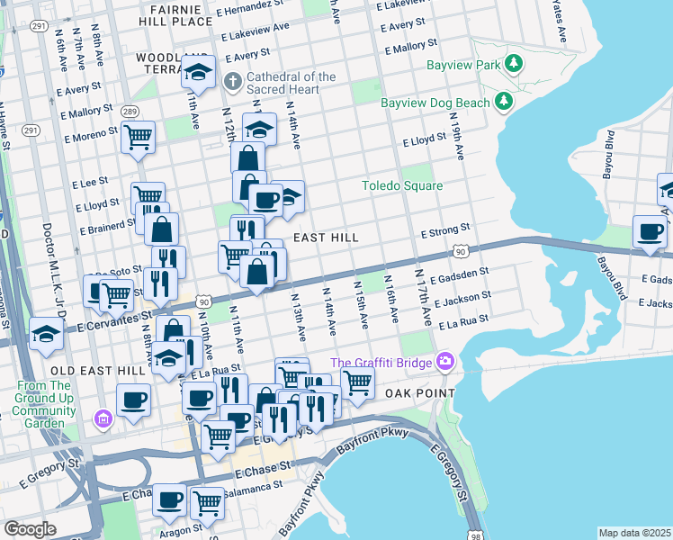 map of restaurants, bars, coffee shops, grocery stores, and more near 800 North 14th Avenue in Pensacola