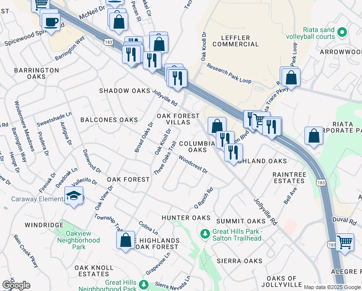 map of restaurants, bars, coffee shops, grocery stores, and more near 6501 Columbia Oaks Court in Austin